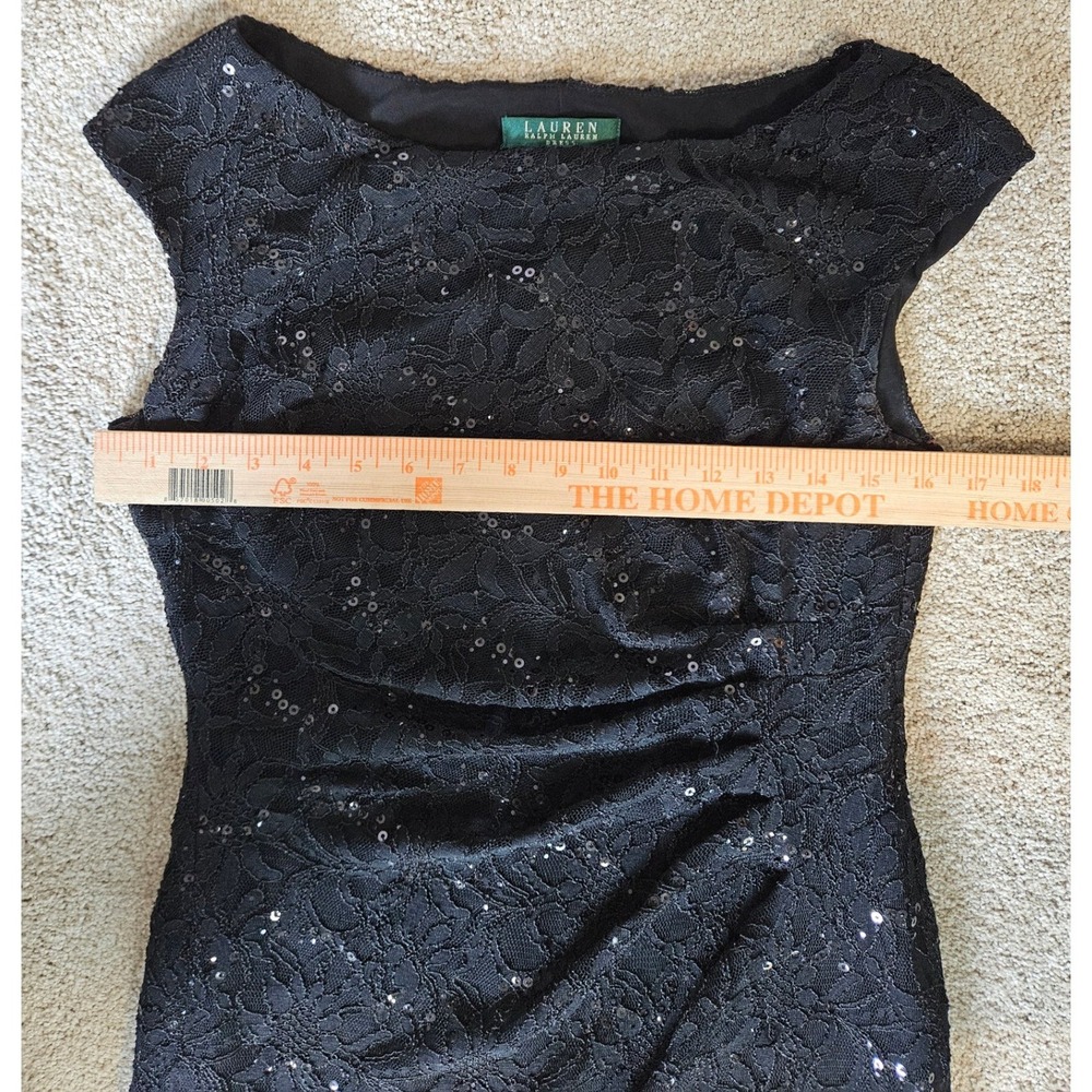 Lauren Ralph Lauren Lace Sequin Sheath Dress Womens 8 Black Ruched Wedding LBD - Picture 4 of 8